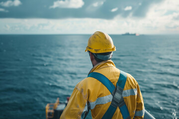 Engineer with helmet overlooking a vast ocean, planning the next phase of an offshore drilling project 