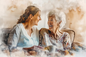 Drawing with warm wishes and sincere smiles of an elderly mother and her adult daughter sharing a moment of pure happiness in communication after separation