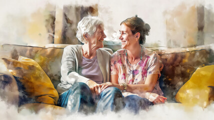 An elderly mother and her adult daughter talking while sitting on the sofa, watercolor drawing and card idea evoking a feeling of joy and togetherness for Mother's Day.
