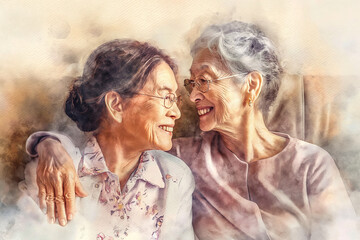 Mother's Day card of an elderly mother talking with love and laughter to her adult daughter while they sit side by side on a comfortable sofa at home