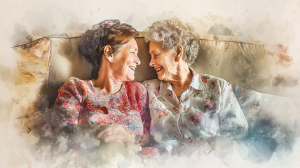 An idea for a Mother's Day poster or web banner featuring an elderly mother talking with love and laughter to her adult daughter while they sit side by side on a comfortable sofa at home.