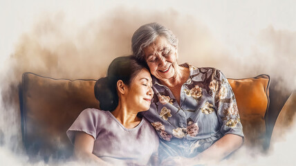 watercolor drawing for mother's day, a proud elderly mother hugs her adult daughter with love and laughter while they sit next to each other on a comfortable sofa at home
