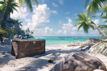 Sand, sea, sky, clouds, palm trees and a clear summer day. Pirate frigates docked near the island. Pirate island and chests of gold. 3D Rendering