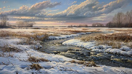 A beautiful winter landscape oil painting with snow-covered field