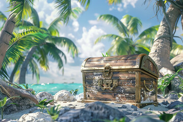 Sand, sea, sky, clouds, palm trees and a clear summer day. Pirate frigates docked near the island. Pirate island and chests of gold. 3D Rendering