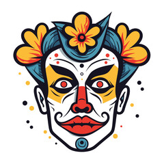Colorful face paint illustration depicting cultural festival mask isolated white background. Traditional festivities costume makeup, detailed mask face art vector design. Ethnic celebration, ornate
