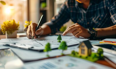 Close-up of architect with model of green sustainable houses in office, eco friendly
