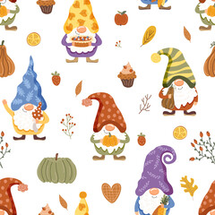 seamless pattern of cute gnomes along with apples and cupcakes , illustrated background 