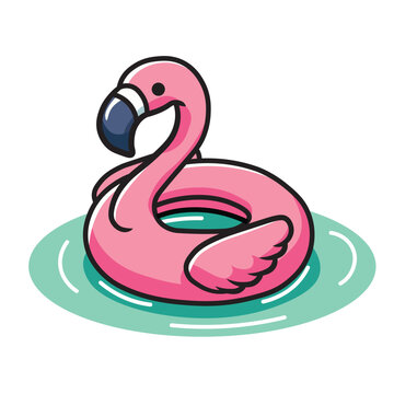Illustration Graphic Cartoon of a Pink Flamingo Pool Float Ring Floating on Water