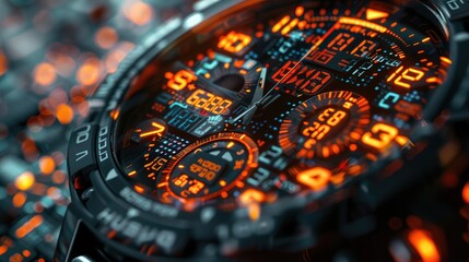 Futuristic watch with glowing orange details.