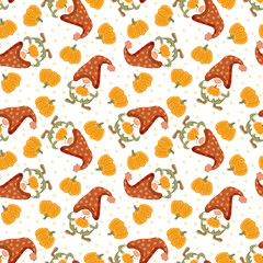 Cheerful gnomes in an autumn setting. Illustration in vector format. Seamless pattern.
