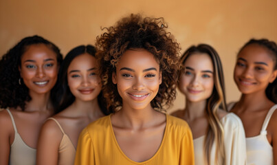 Obraz premium Beauty happy portrait of diverse females, caucasian, asian and african american ladies with different skin tone posing at camera, hugging each other, dressed in beige tones