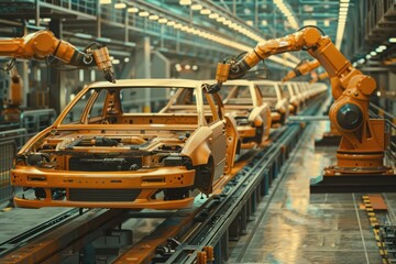 Fototapeta premium Car factory production line with robotic arms welding car bodies.
