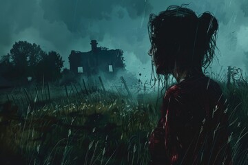 Woman standing in a field in the rain, suitable for weather-related concepts