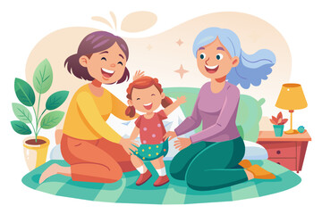 Little 6s grandkid sit on bed enjoy playtime with young 30s mother and older 55s grandma Mother and granny tickling adorable preschooler kid girl spend time together at home Family ties connection