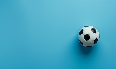 Top view photo of white and black soccer ball as football concept . Minimalist flat lay image of leather football ball over blue turquoise background with copy space