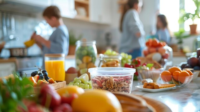 A vibrant, family kitchen scene with a clear plastic pill container on the table, surrounded by a healthy breakfast setup