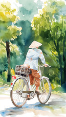 Drawing of an elderly woman on a bike ride amidst the splendor of nature, enjoying the simple joys of friendship and the great outdoors, vertical drawing