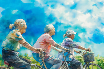 Elderly women on bicycles, blue skies and lush greenery, old girlfriends cherishing the bonds of friendship and the excitement of exploration, an idea for a card for Older People's Day