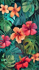 A vibrant, colorful depiction of an aromatic scented plastic medicine pouch among tropical flowers and green leaves, capturing an exotic essence