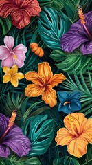 Fototapeta premium A vibrant, colorful depiction of an aromatic scented plastic medicine pouch among tropical flowers and green leaves, capturing an exotic essence