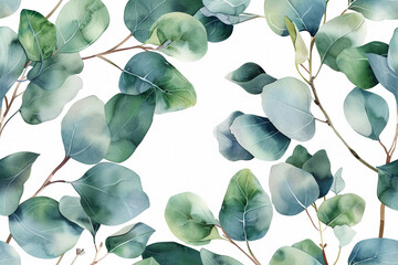 Eucalyptus Leaves, Detailed watercolor eucalyptus branches, Seamless pattern illustration 