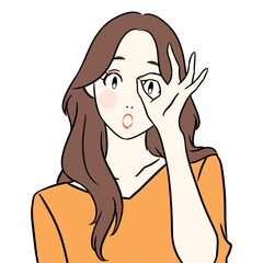 驚いた表情で手の隙間からのぞき込む女性