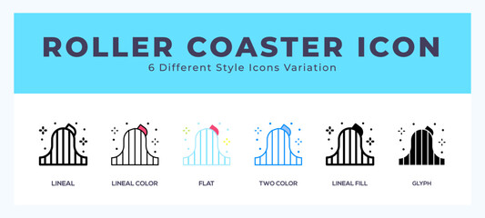 Roller coaster icon symbol set. outline. glyph black. flat color and filled line color.