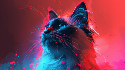 A cat with a blue and red background