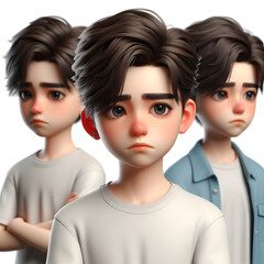Asian cartoon character boy, young man portrait, male, Sad mood, feeling expression concept, Isolated on a white background