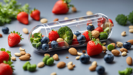 A clear capsule is on its side with a variety of food items spilling out of it including almonds, blueberries, strawberries, and broccoli.