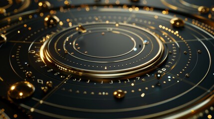 A closeup of the dark glass table, with golden circles and lines on it, creating an abstract background with geometric shapes. The entire scene is surrounded by gold foil embellishments.