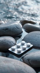 A stressrelief pill pack with blister packaging displayed on a serene background of soft, flowing water and smooth stones