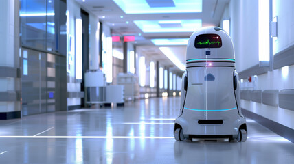A robot navigating a hospital corridor, delivering medical supplies to various departments