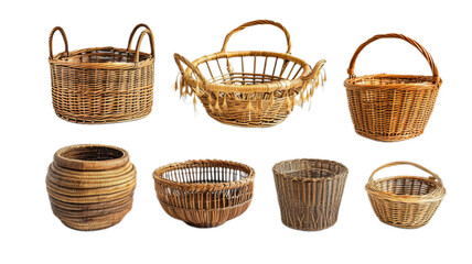 Set of stylish rattan baskets isolated on transparent background