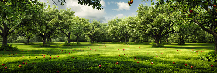 Green Landscape with Trees, Sunlit Apple Tree in Rural Setting, Tranquil Nature Scene