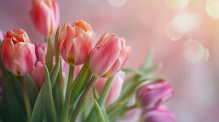 Beautiful bouquet of tulips on light background closeup