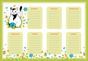 School weekly and daily planner with cute little white and black cat in colorful spring and summer design.