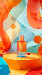 A personaluse small spray atomizer in a vibrant setting, surrounded by colorful abstract art to emphasize its sleek, modern design