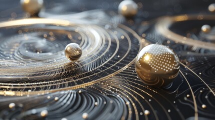 A closeup of the swirling gold and white geometric patterns on an ultra luxury black background, representing technology in space with futuristic circles and lines.