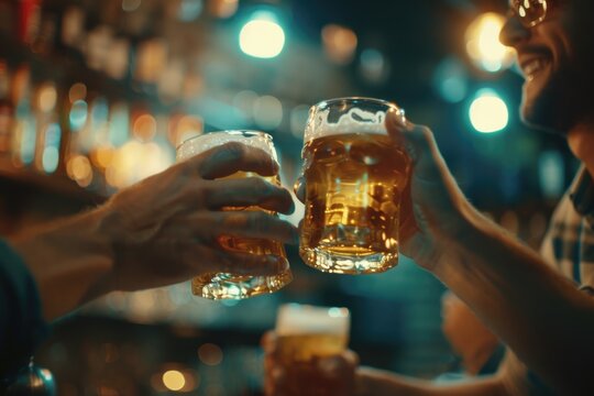 Two men celebrating with beer in a bar. Suitable for pub or celebration concepts