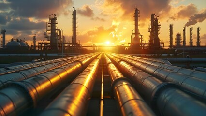 Oil and gas pipeline undergoing refining and transportation process in industrial setting. Concept Oil Refinery, Gas Pipeline, Industrial Setting, Refining Process, Transportation Process