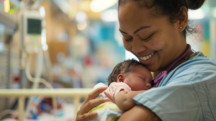 Nurse cradling newborn baby warmly., International Nurses Day, hospital care, dedication and skills.