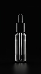 A minimalist setup featuring a small eye dropper tube with a twist cap against a stark black background, highlighting its elegant silhouette