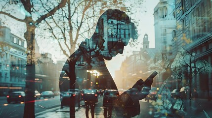 The double exposure image of the business man holding phone sunrise overlay with cityscape image. 