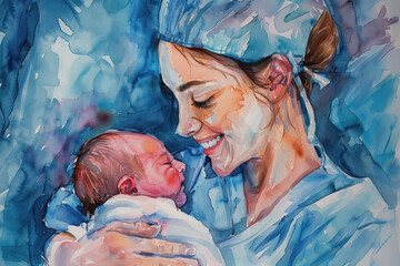 Nurse Tenderly Holding Newborn Baby, International Nurses Day, hospital care, dedication and skills.