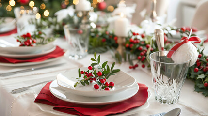 Beautiful Christmas table setting with mistletoe on white