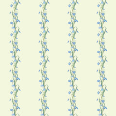 Seamless pattern of the light blue first spring flowers. Watercolor botanical illustration of delicate lilac flowers. Three scillas hand drawn isolated on white background. Banner with little bouquet.