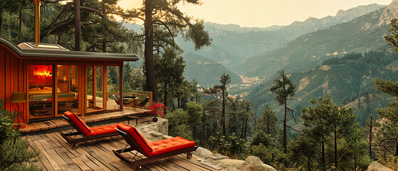 Himalayan Mountain Resort View, Scenic Terrace Overlooking Forested Hills, Serene Travel Destination