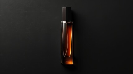 A minimalist design with a slender artistic luxury perfume bottle on a stark black background, emphasizing its sleek and modern contours